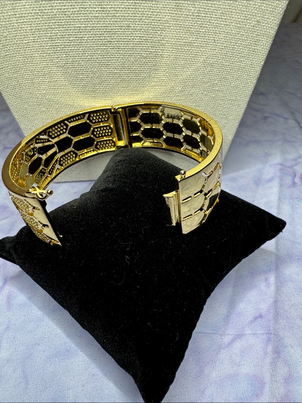 Gold-Tone Snake Cuff Bracelet with White Inlay and Green Stone Eyes - Picture 6 of 8